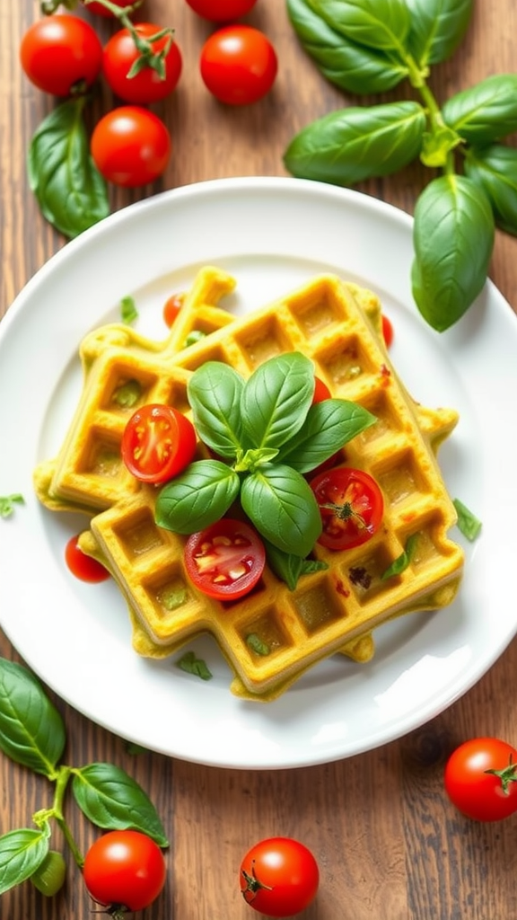 Avocado wafels met tomaat en basilicum op een bord