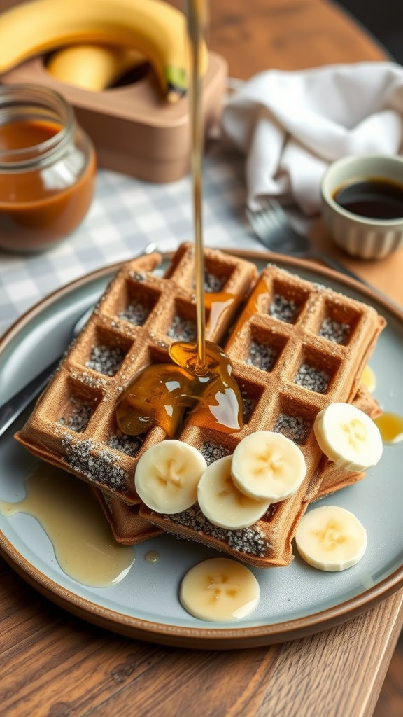 Chiazaad wafels met honing, gesneden banaan en siroop op een bord. Koolhydraatarme Wafelrecepten