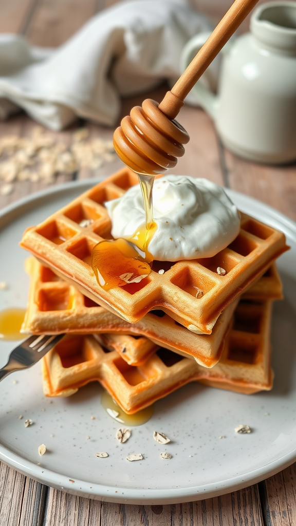 Eiwitrijke wafels met haver, geserveerd met honing en yoghurt.