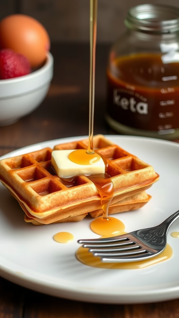 Een bord met keto wafels, geserveerd met een klontje boter en siroop, naast een kom met eieren en bessen. Koolhydraatarme Wafelrecepten