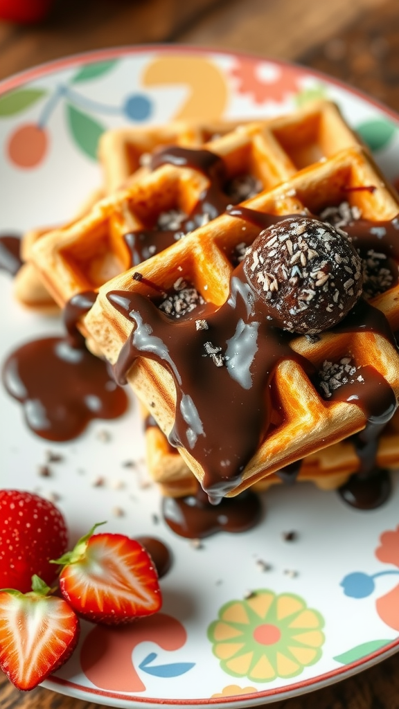 Kokosmeel wafels met chocoladesaus en aardbeien op een kleurrijk bord.