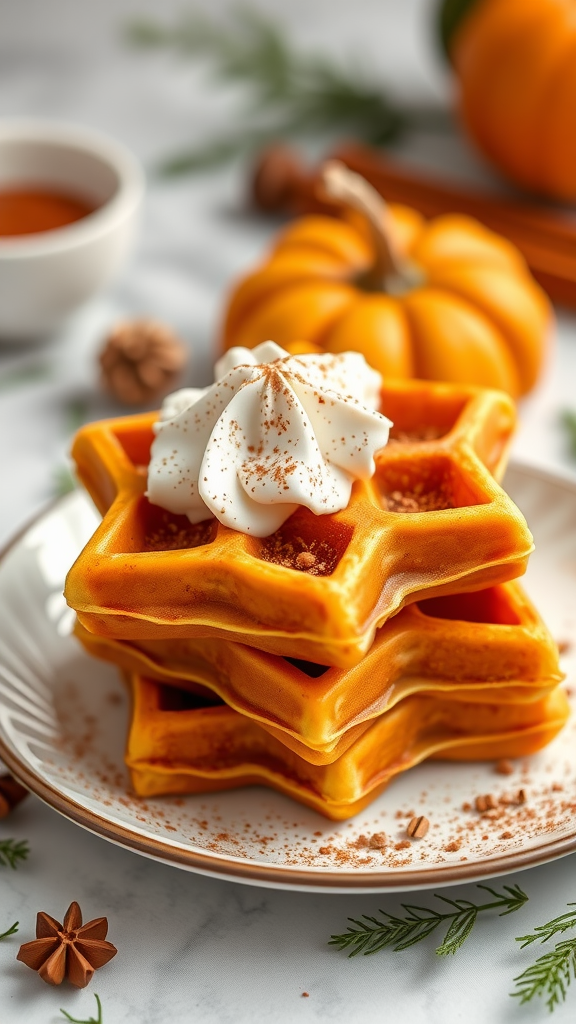 Een stapel kruidige pompoen wafels met slagroom en specerijen, geserveerd met een klein pompoentje en kruiden. Koolhydraatarme Wafelrecepten