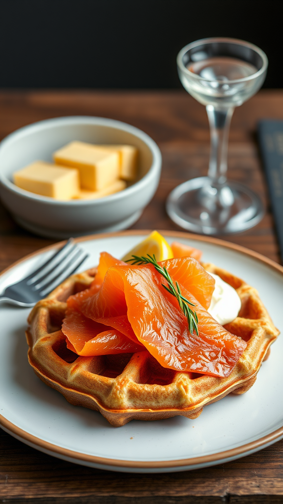 Een bord met rogge wafels, gerookte zalm en een schijfje citroen, geserveerd met boter en een glas drank. Koolhydraatarme Wafelrecepten