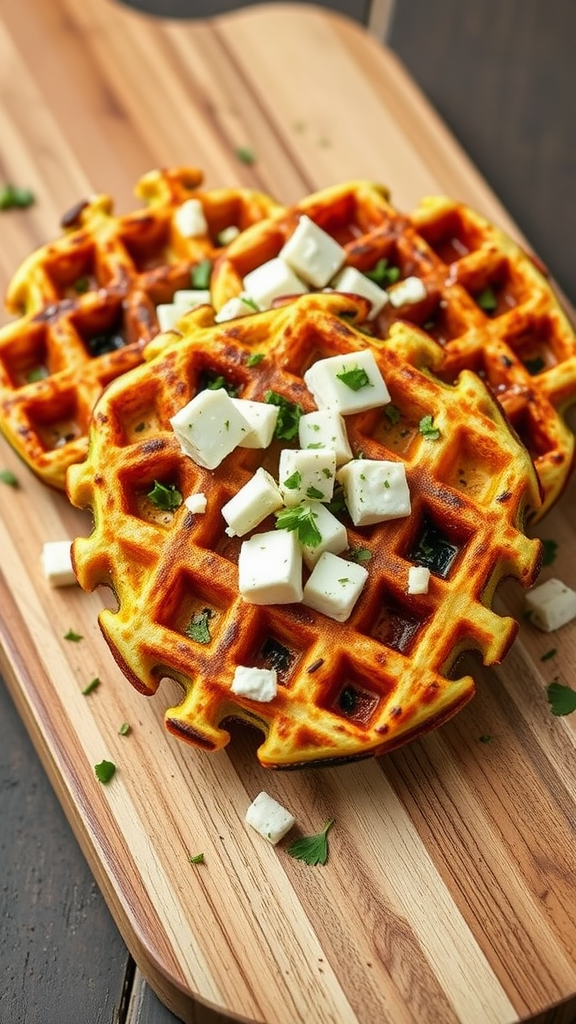 Drie courgette wafels met feta op een houten plank