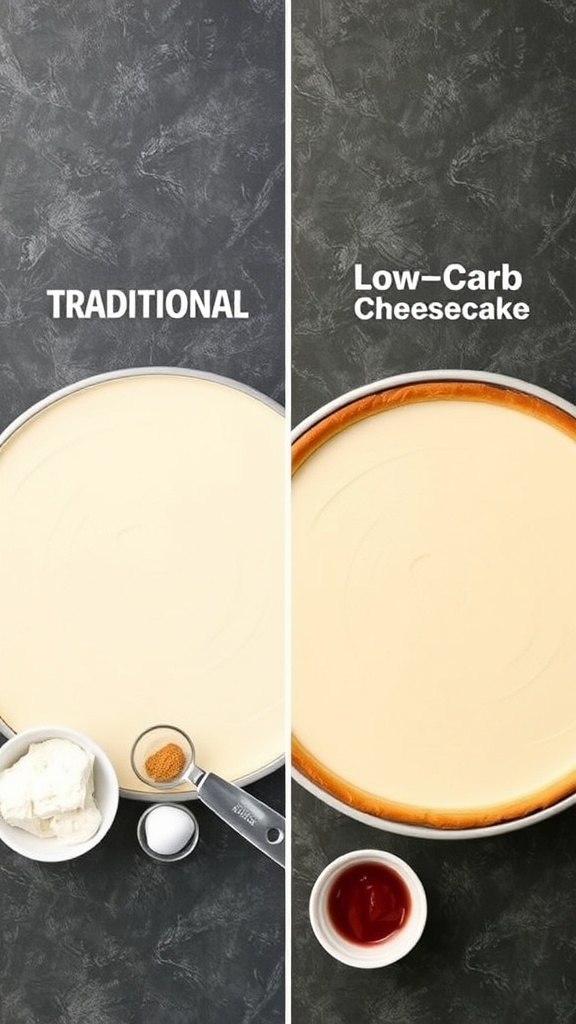 A comparison of traditional cheesecake and low-carb cheesecake.