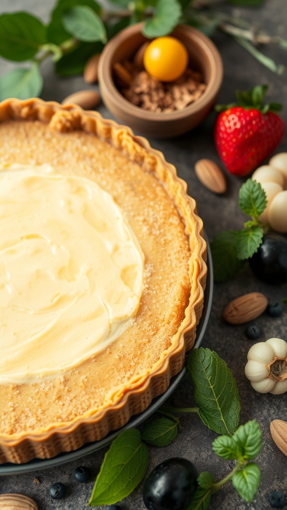 Almond flour crust for low-carb cheesecake with creamy filling and fresh fruits