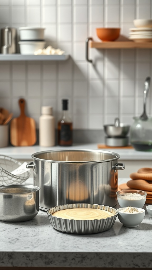 Ingredients and utensils for a cheesecake recipe on a kitchen counter.