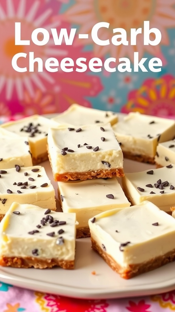 A plate of low-carb cheesecake bars topped with chocolate chips