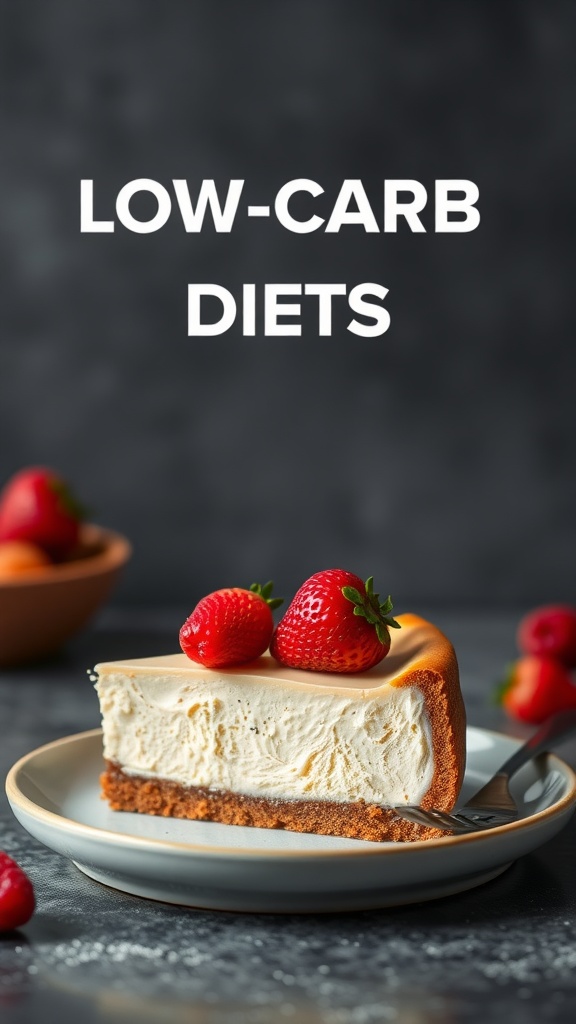 Delicious low-carb cheesecake slice topped with fresh strawberries