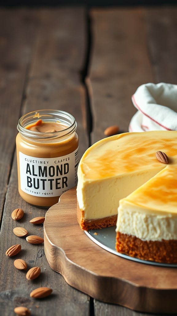 A delicious slice of cheesecake on a wooden board with almond butter in the background.