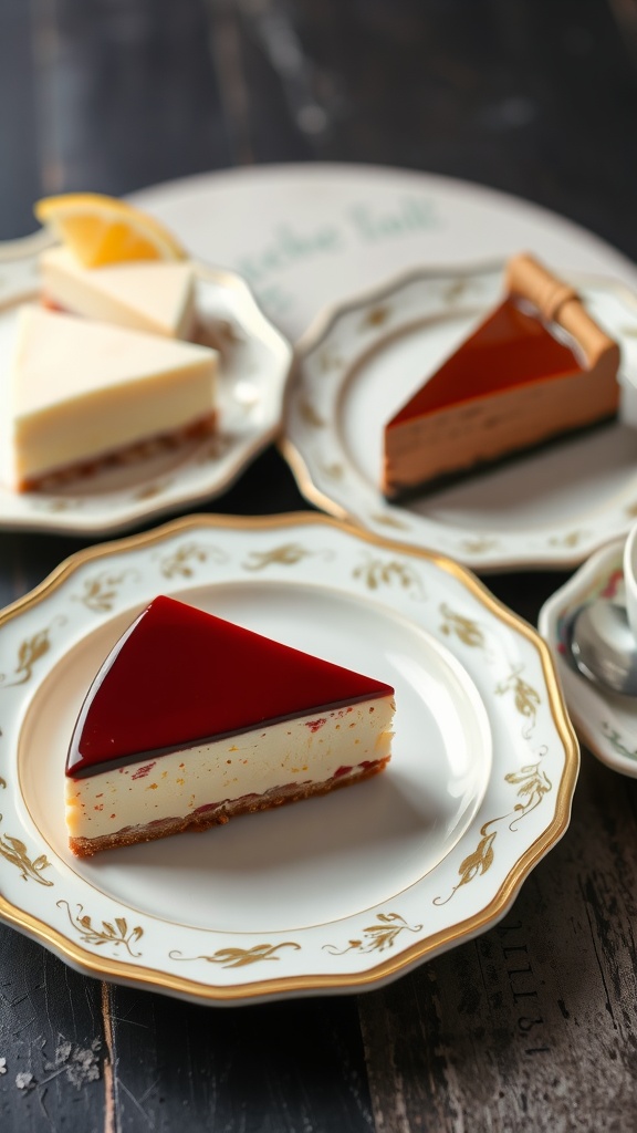 A variety of cheesecake slices including vanilla, lemon, and chocolate flavors, beautifully presented on elegant plates.