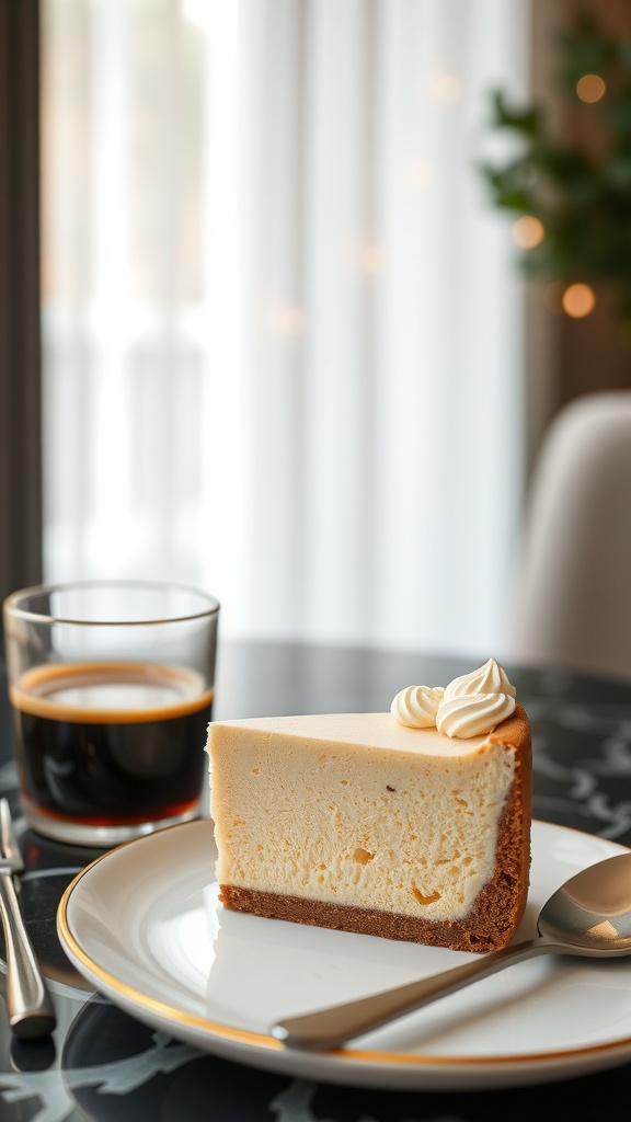 Delicious slice of low-carb cheesecake on a plate with a cup of coffee