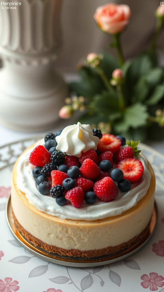 Delicious cheesecake topped with fresh berries and whipped cream.