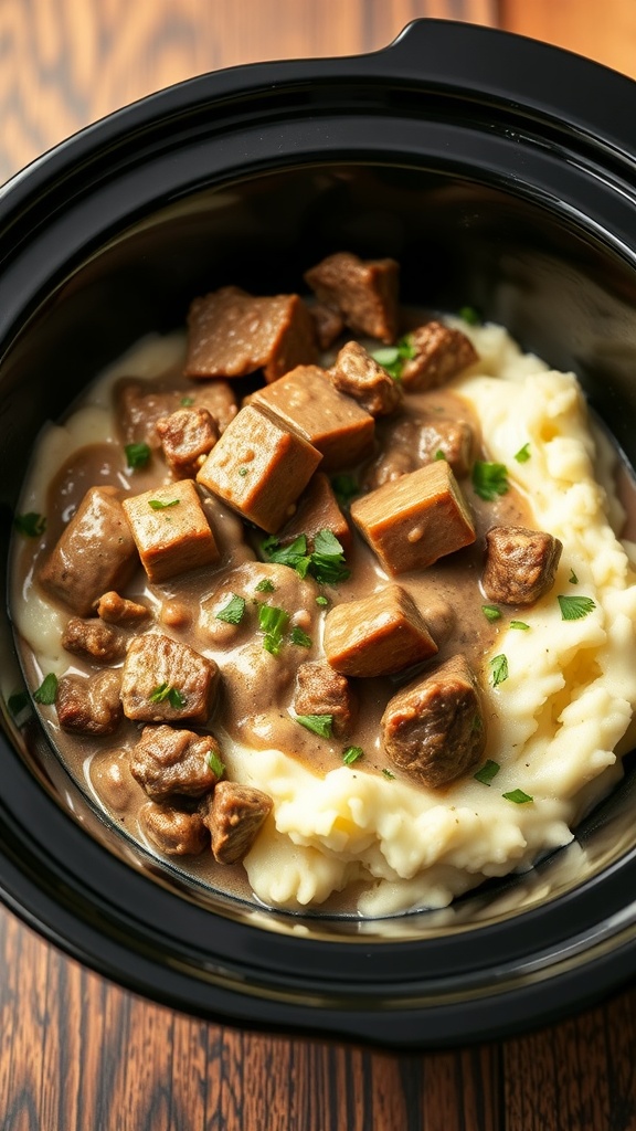 Delicious beef stroganoff served over creamy mashed potatoes.