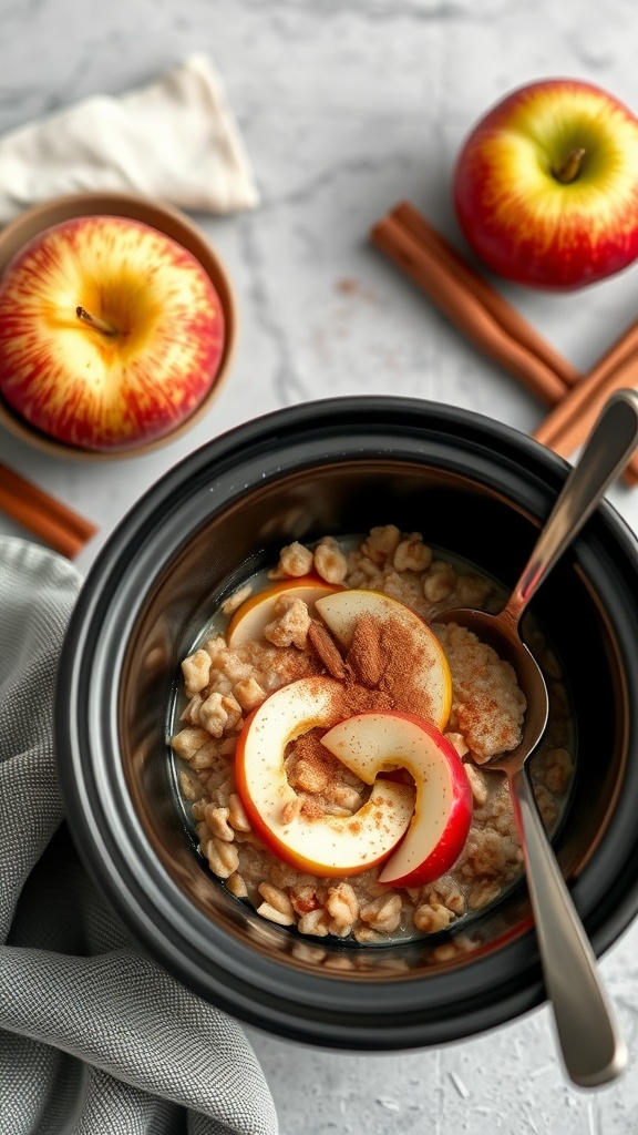 Bowl of cinnamon apple oatmeal with apple slices and cinnamon sticks. Koolhydraatarme Slowcooker Recepten