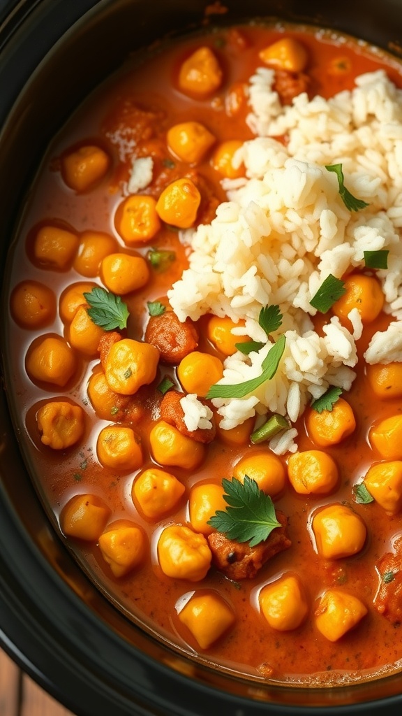 Een heerlijke curry met kikkererwten in een slowcooker, geserveerd met rijst en verse kruiden. Koolhydraatarme Slowcooker Recepten