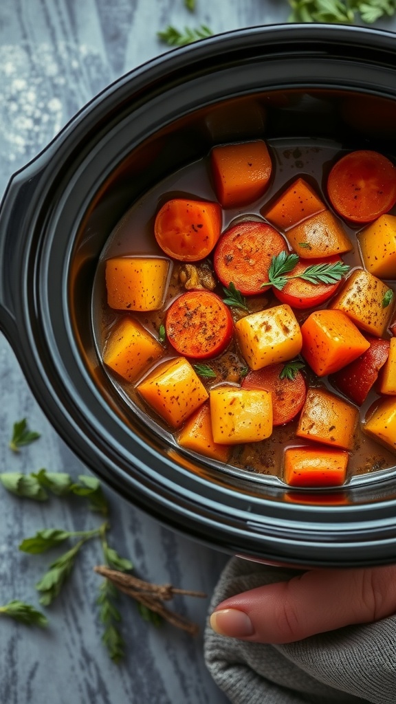 Een kruidige aardappel en wortelstoof in een slowcooker. Koolhydraatarme Slowcooker Recepten