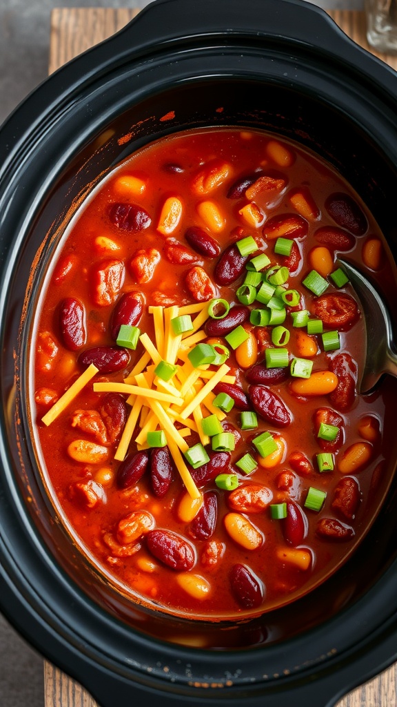 Een kom kruidige chili met bonen en toppings