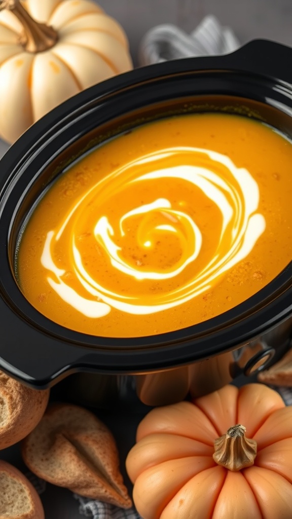 A bowl of spicy pumpkin soup with a swirl of cream, surrounded by decorative pumpkins. Koolhydraatarme Slowcooker Recepten
