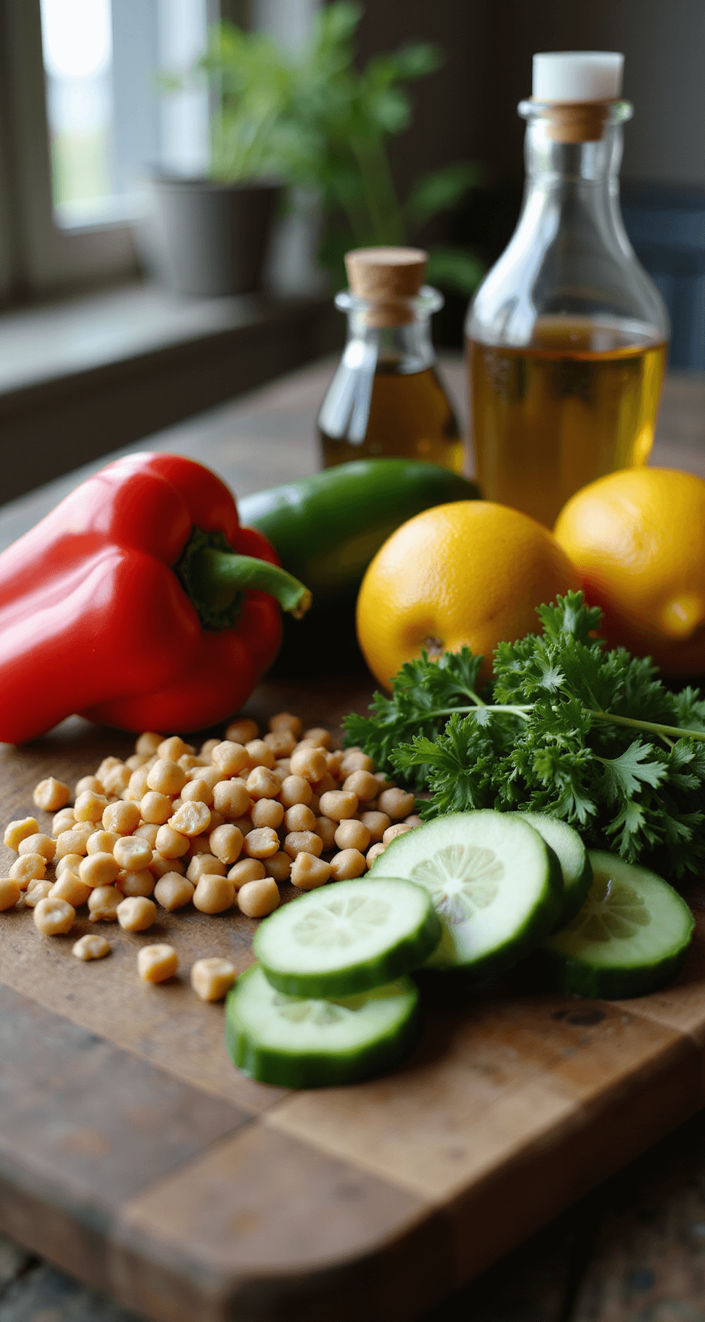 Close-up van verse ingrediënten op een rustieke houten snijplank, met levendige rode paprika's, knapperige komkommer, glanzende kikkererwten en aromatische kruiden in natuurlijk licht. Op de achtergrond zijn verse citrusvruchten en glanzende olijfolieflessen zichtbaar, met een zachte focus voor diepte.