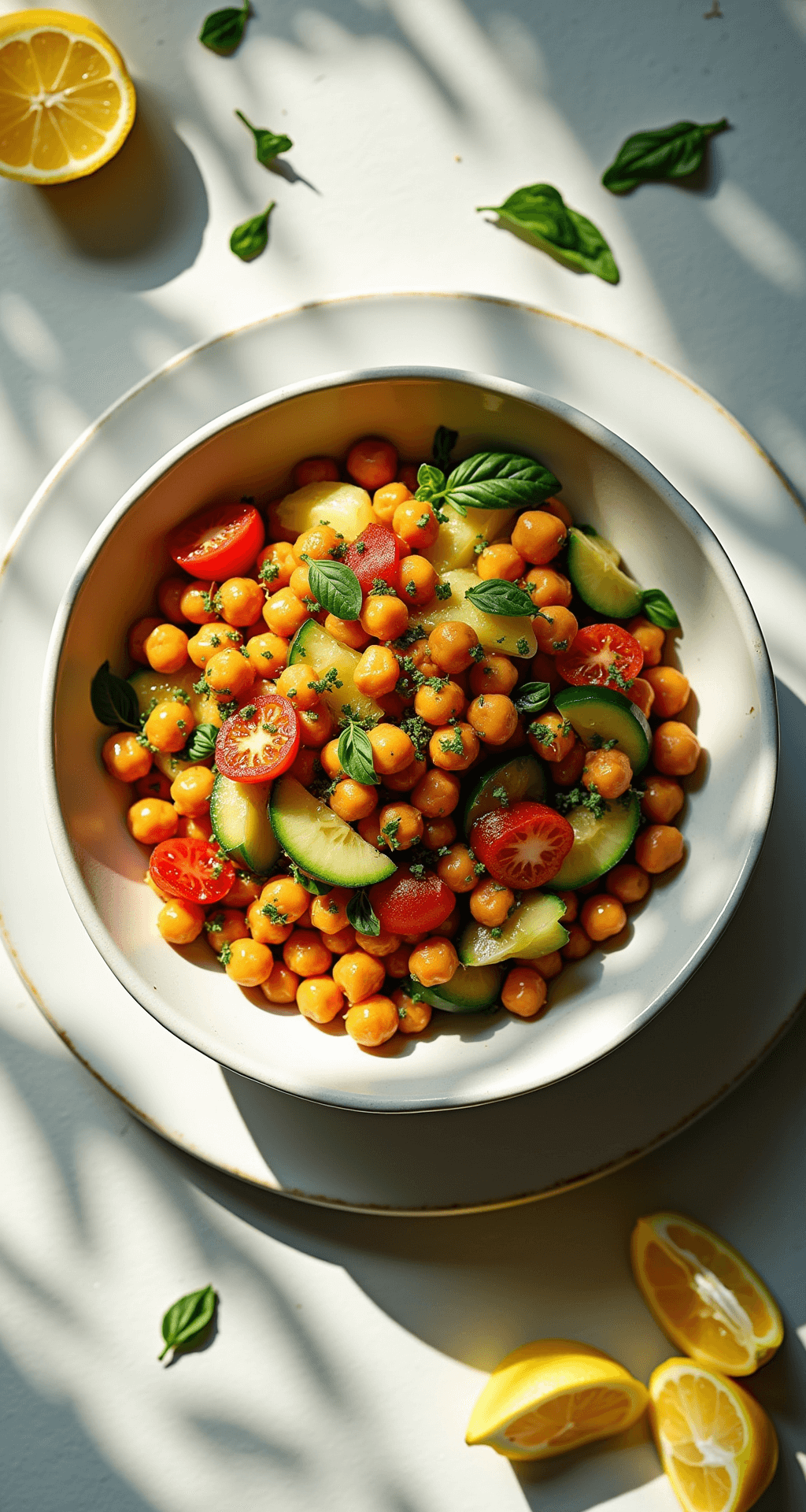 Bovenaanzicht van een prachtig gepresenteerde kikkererwtensalade in een elegante witte keramische kom, met perfect gediceerde groenten in een regenboog van kleuren, glanzend door olijfolie. Gouden middaglicht verlicht de verse kruiden en creëert smakelijke schaduwen, omringd door verse basilicumblaadjes en citroenpartjes als garnering.