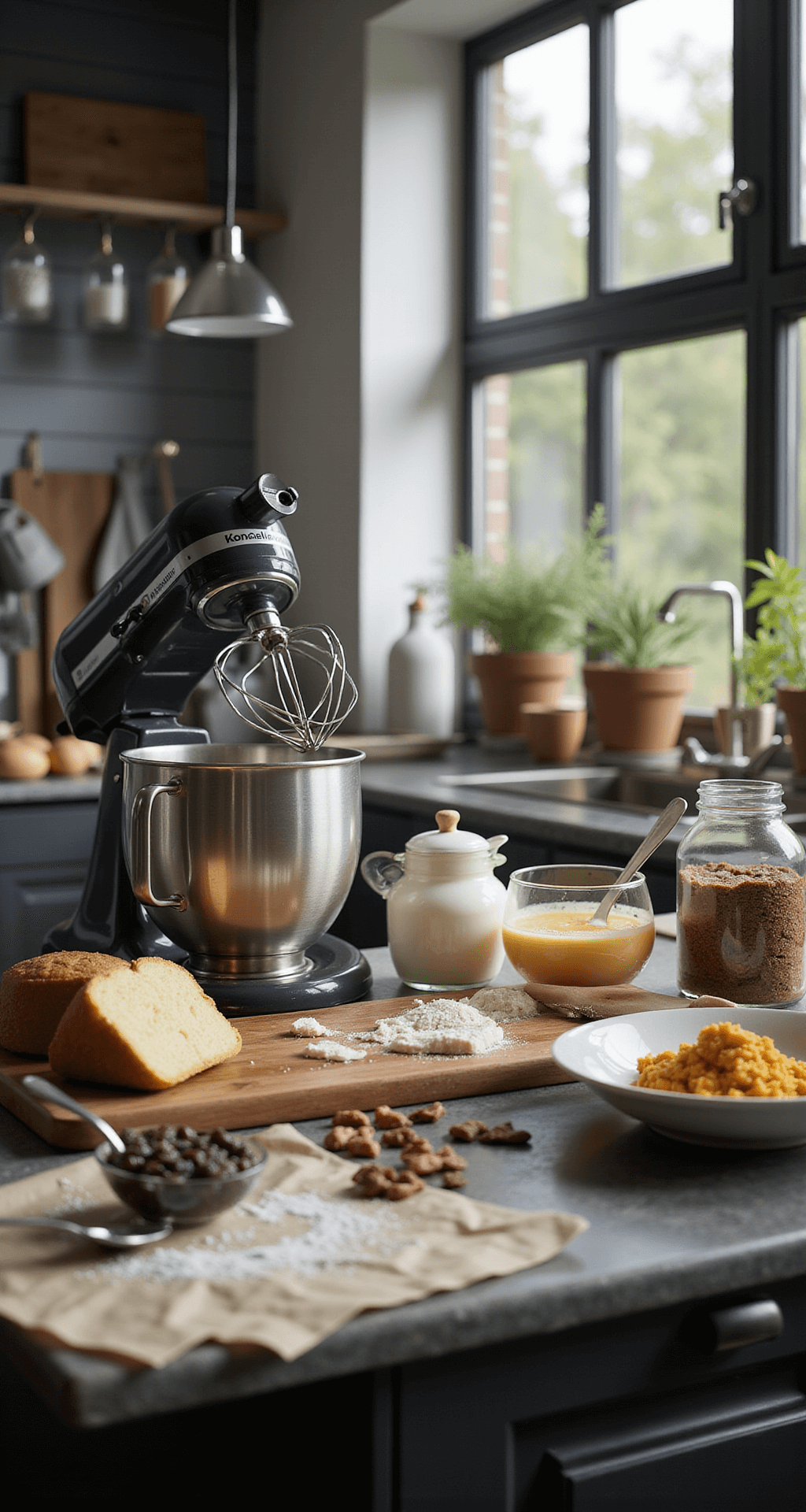 Een moderne keuken met zonlicht, waarin een grote glazen mengkom gevuld is met romige kwark, goudgele eieren en gesmolten boter. Een professionele standmixer wacht op gebruik, omringd door Konzelmann's vanille cake mix en meetinstrumenten op een marmeren aanrecht.