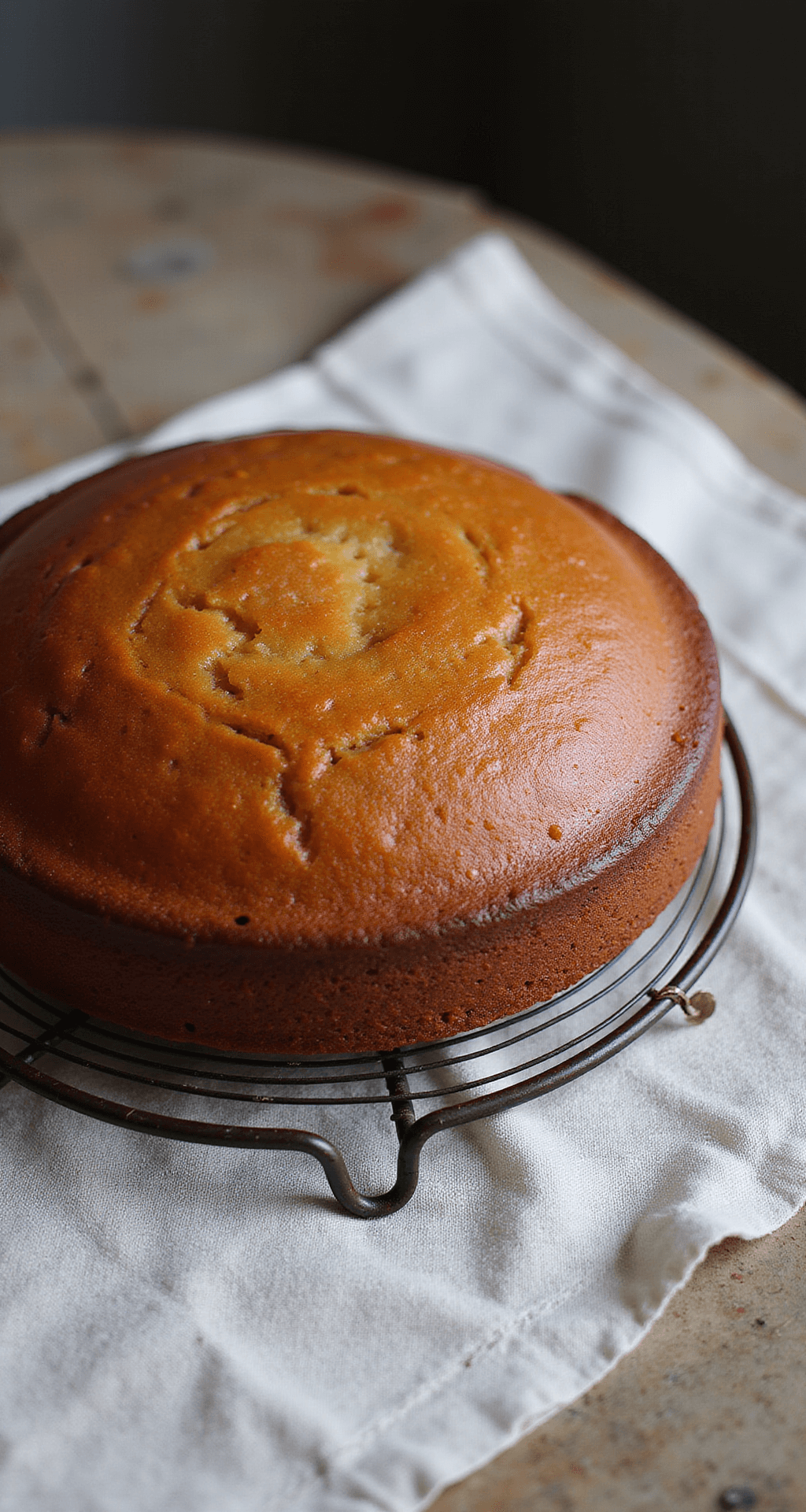 Een perfect gebakken, goudbruine vanillecake op een vintage metalen cooling rack, versierd met amandelschaafsel en bosbessen, op een rustieke houten tafel met een linnen servet.