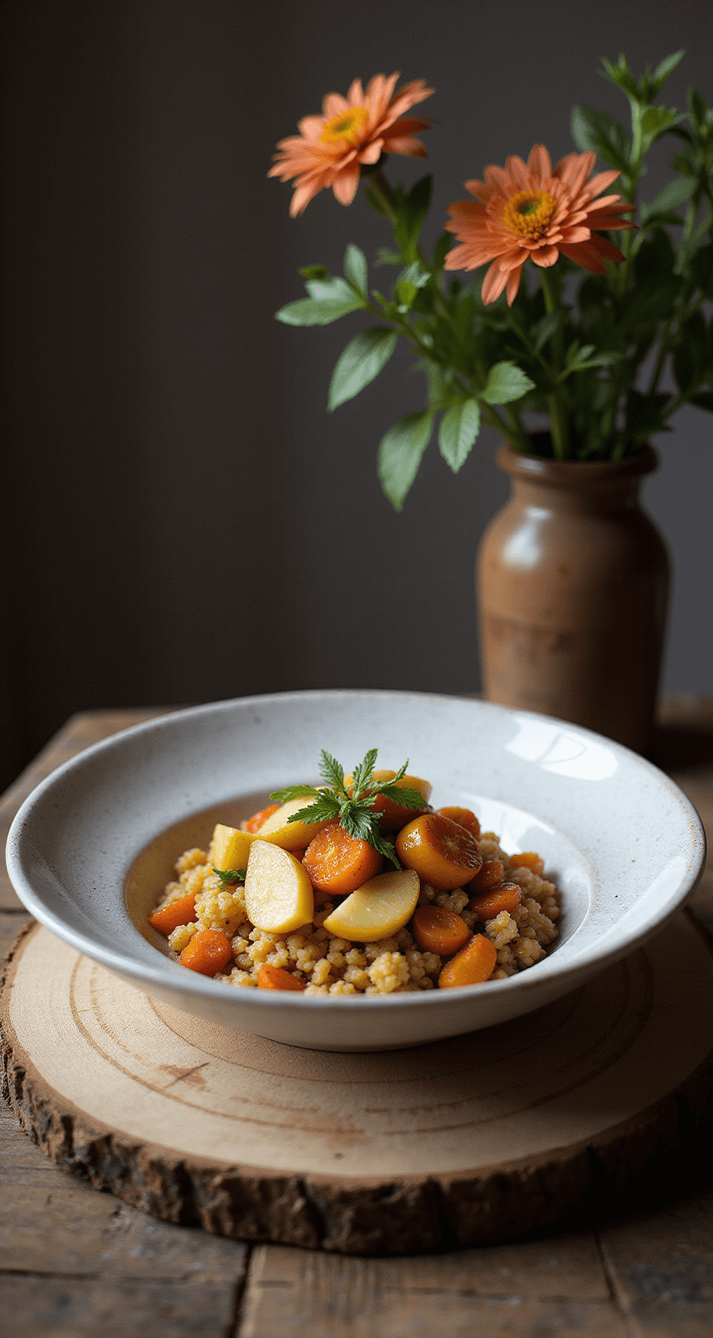 Handgemaakt aardewerk gevuld met bloemkoolcouscous, gegarneerd met granaatappelpitten, walnoten en peterselie, verlicht door warm strijklicht op een houten tafel.