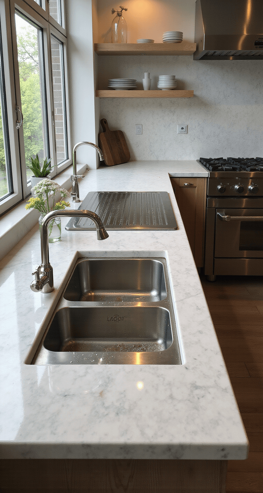 Een stoomende keuken met natuurlijk licht, waar verse bloemkoolroosjes in een roestvrijstalen vergiet liggen, omringd door glanzende druppels water. Op de achtergrond is een moderne kookplaat met dampend water te zien, in een professioneel ingerichte keuken met marmeren werkblad.