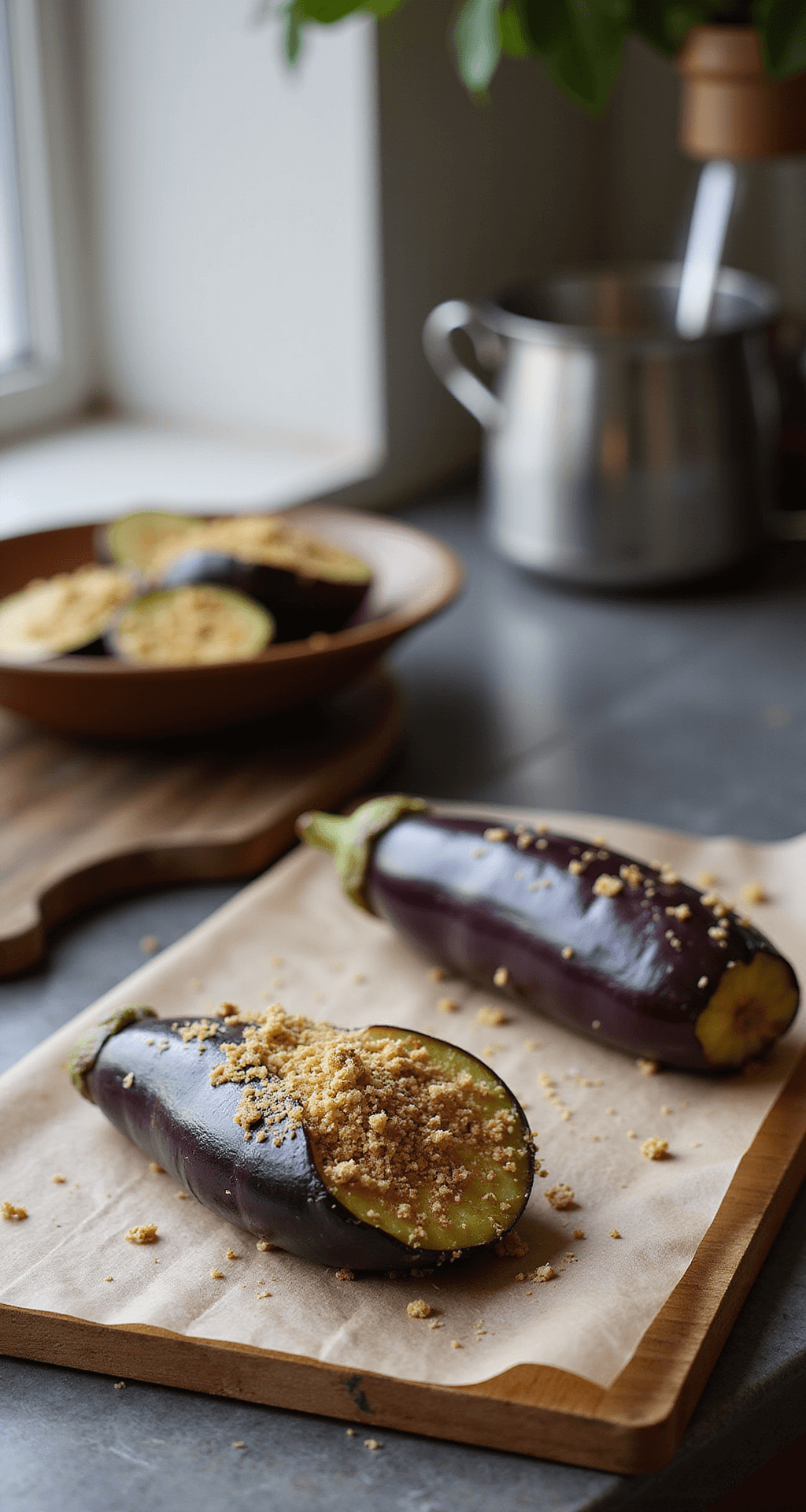 Close-up van aubergine staafjes die op een houten snijplank worden bestrooid met zeezout in een lichte, moderne keuken, met zonlicht dat de paarse glans van de aubergine verlicht, terwijl op de achtergrond drie kommen staan voor de coating.