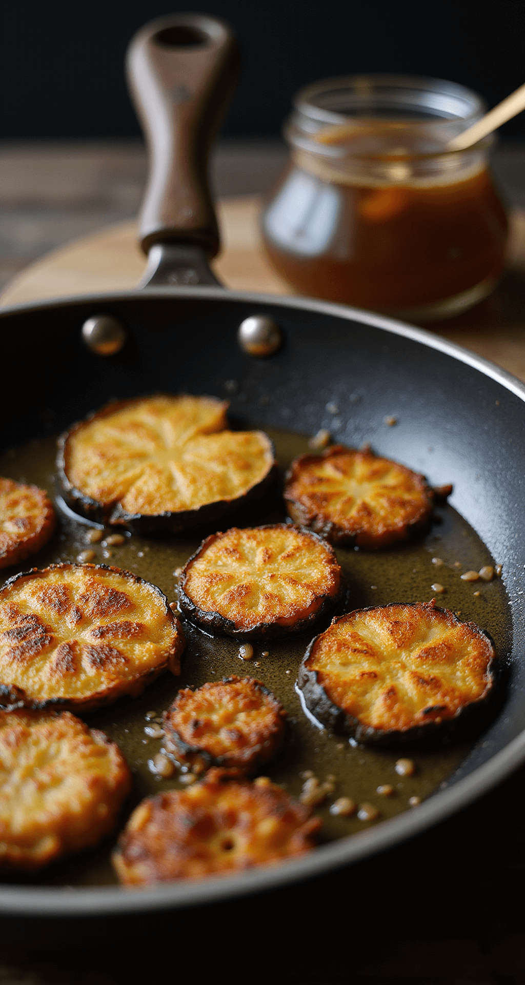 Goudbruine aubergine frietjes die worden gebakken in een vintage gietijzeren pan met olijfolie, stoom stijgt op in het warme keukenlicht terwijl een houten tang de frietjes draait.