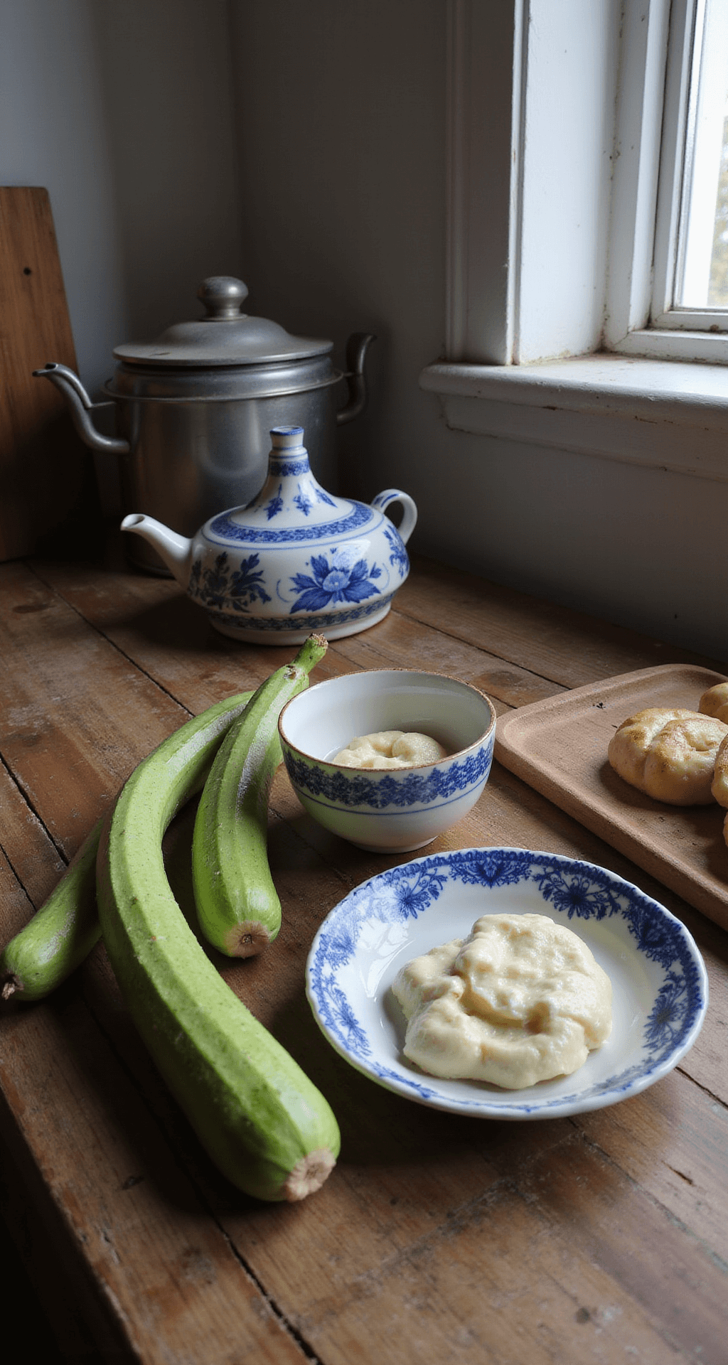 Rustieke Nederlandse keuken met warm ochtendlicht, een houten snijplank met glanzende sperziebonen, een blauwe Delfts aardewerken kom met gesneden uiringen en een kommetje met fijngehakte knoflook, en een vintage keukendoek in de hoek.