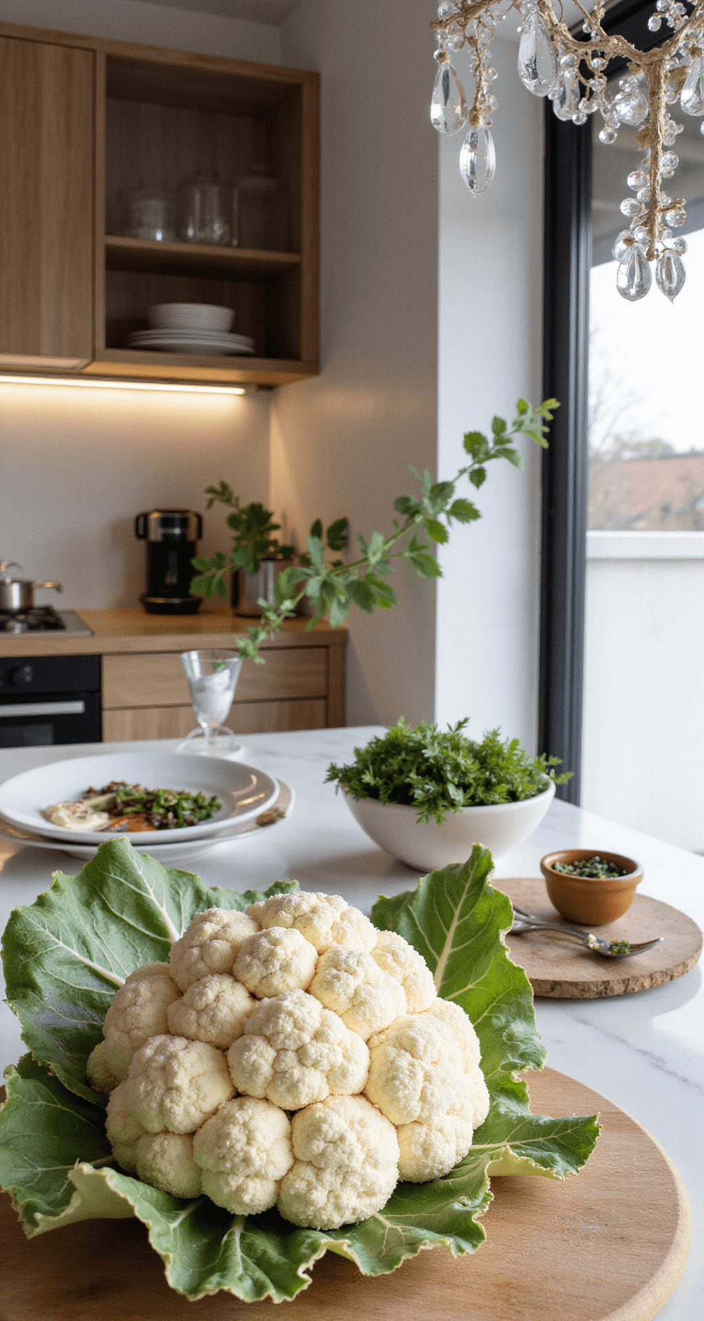 Een grote, witte bloemkool op een houten snijplank, omringd door teentjes knoflook, zeezoutvlokken en kleurrijke specerijen in kommetjes, met een glazen fles olijfolie in zacht natuurlijk licht.