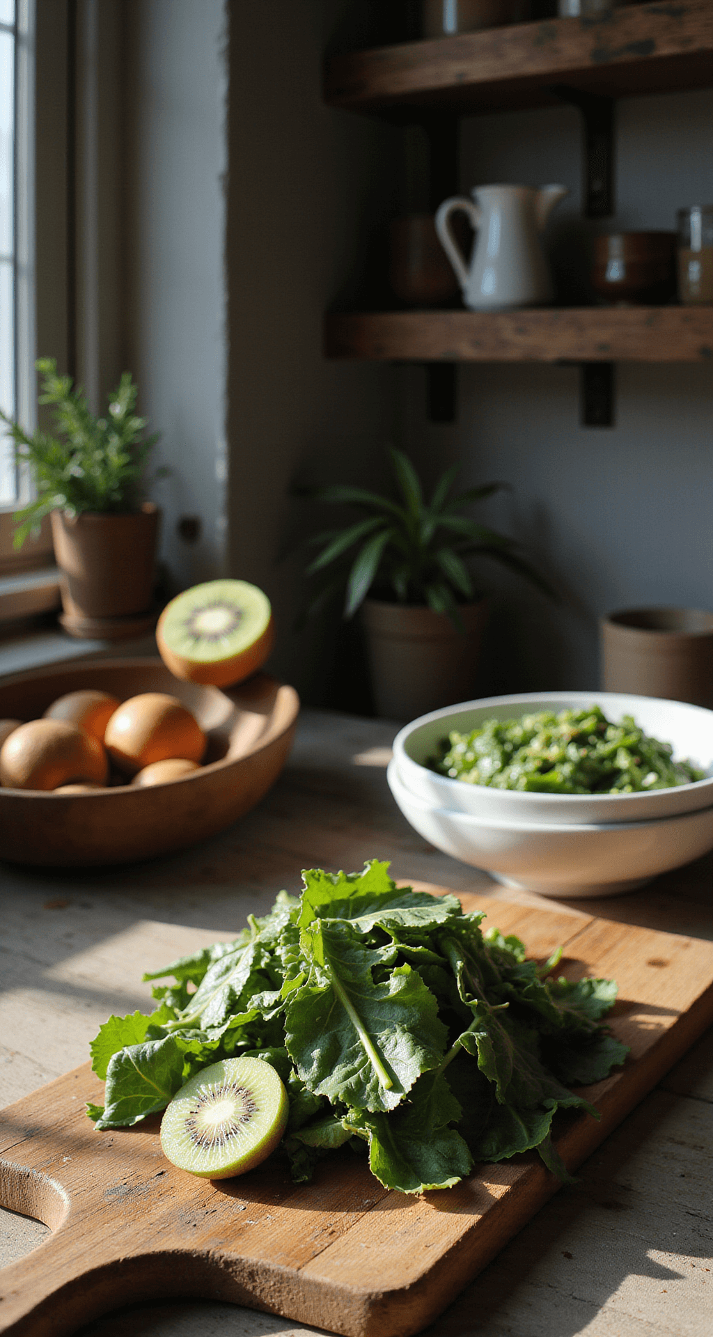 Een rustieke keuken met een houten snijplank vol vers gewassen spinazie, kiwi's en aardbeien, met een vintage kom en natuurlijk daglicht dat op het marmeren aanrecht valt.