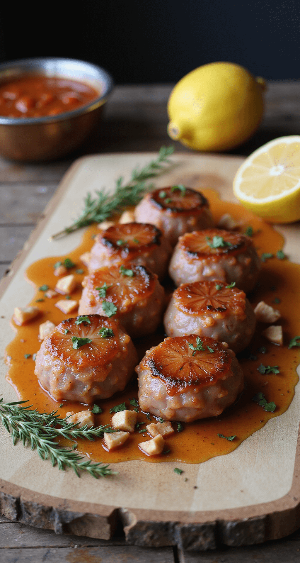 Een rustieke keuken met warm licht, waar perfect gesneden varkenshaasblokjes naast kleurrijke paprika en ui op een houten snijplank liggen, met een glazen kom goudkleurige marinade met citroenschijfjes en knoflook, en verse oregano op het verweerde houten werkblad.