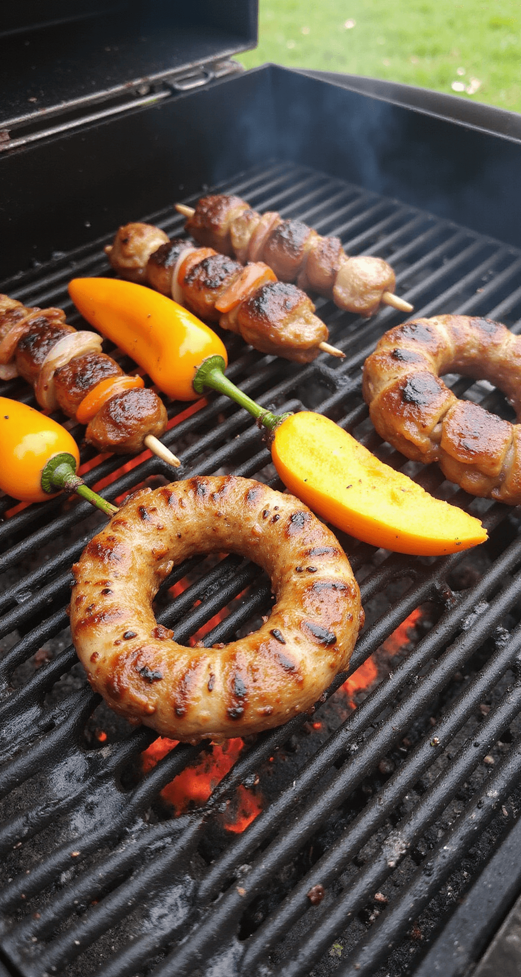 Goudbruine souvlaki spiesen met perfect geroosterd vlees en groenten op een rokende buitengrill, omringd door blauwe rook en sissende marinade-druppels op hete kolen.