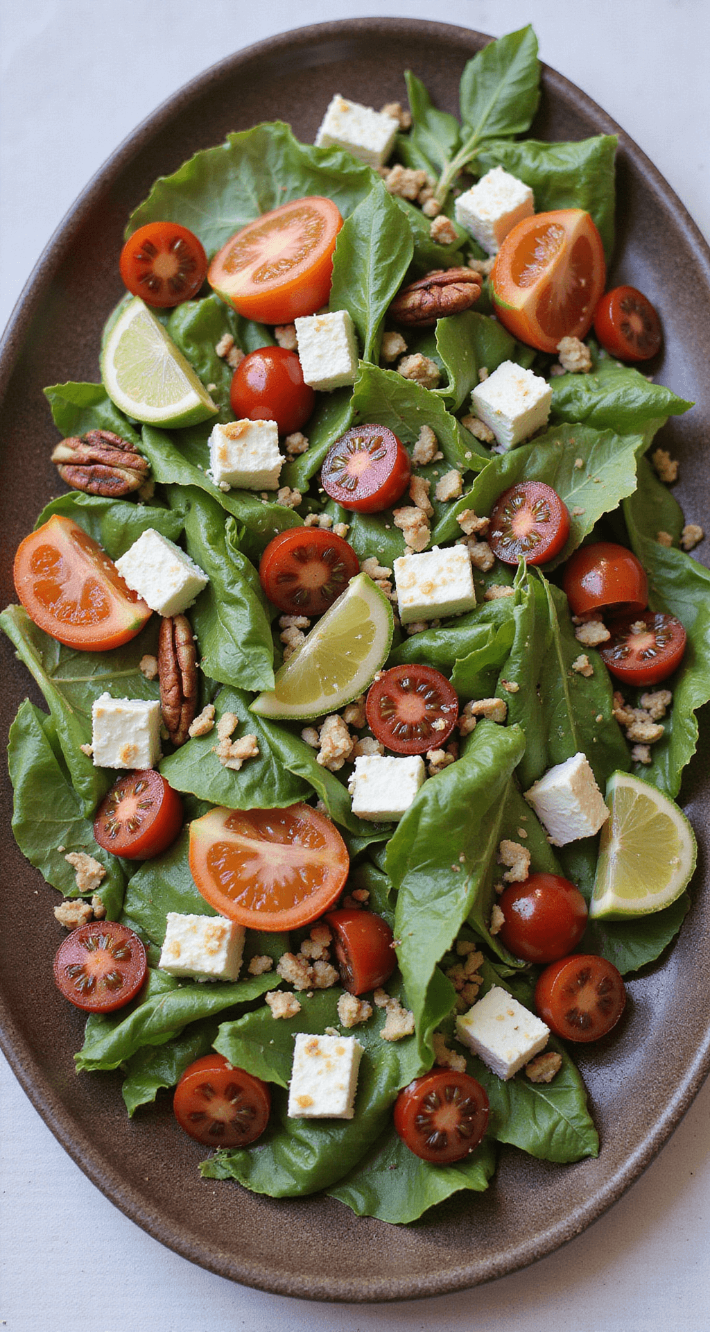 Een rustieke mediterrane salade met sperziebonen, verkruimelde feta, cherrytomaatjes, geroosterde pecannoten en een gouden dressing, geserveerd in een handgemaakte keramieken schaal.