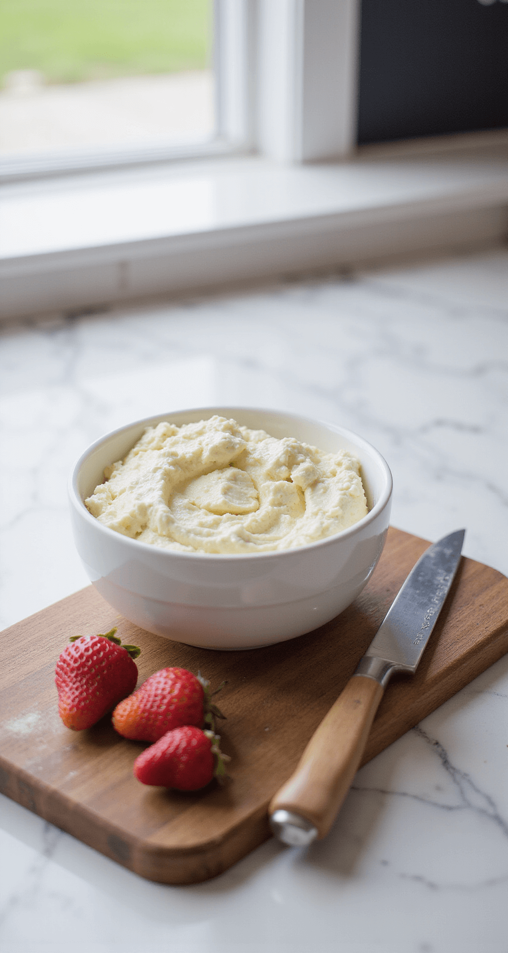 Een witte keramische kom met verse, romige cottage cheese staat op een marmeren aanrecht, verlicht door zacht natuurlijk licht dat door het keukenraam stroomt. Nabij staat een houten snijplank, een scherp koksmes en heldere rode aardbeien, waardoor een harmonieuze rustiek-moderne compositie ontstaat.