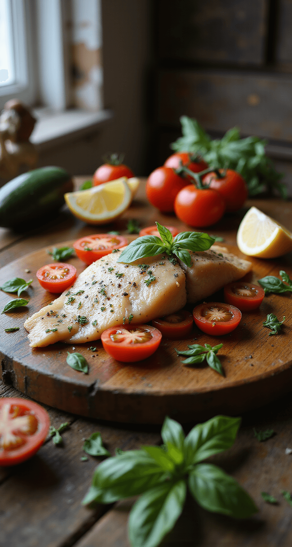 Close-up van verse kabeljauwfilets op een houten snijplank, omringd door rode tomaten, paarse uien, zwarte olijven en groene basilicumblaadjes in een rustieke Mediterrane keuken met warm natuurlijk licht.