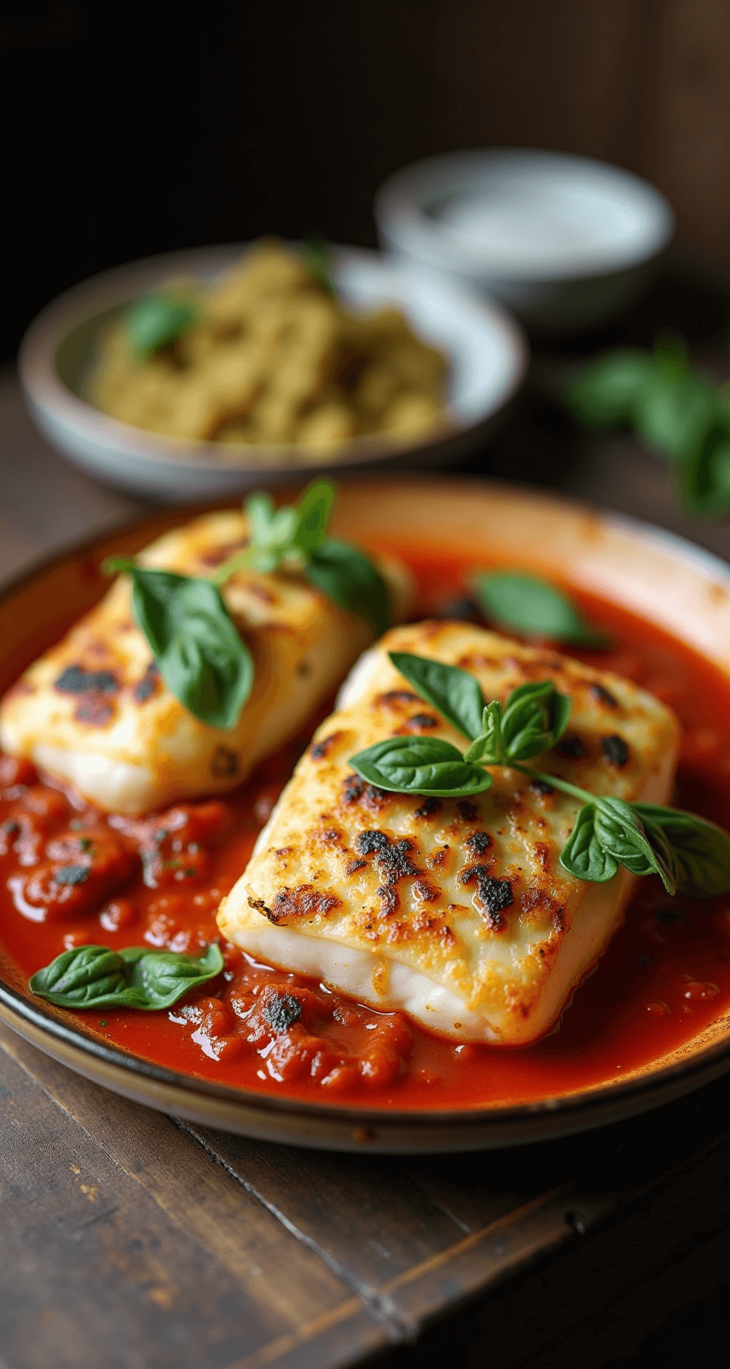 Dampende ovenschotel met goudbruin gegratineerde kabeljauw in tomatensaus, gesmolten mozzarella en basilicumblaadjes, omringd door kappertjes en olijven.