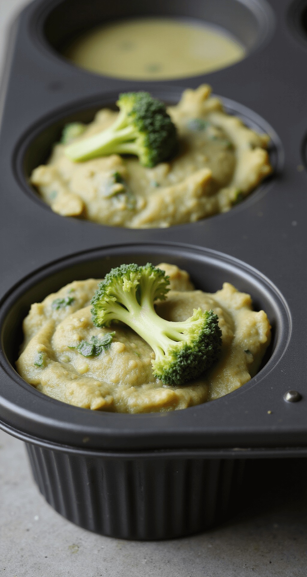 Professionele matte zwarte muffinvorm met broccoli-kaasmengsel op marmeren aanrecht, vergezeld van een spatel en gemorst meel, verlicht door zacht strijklicht.