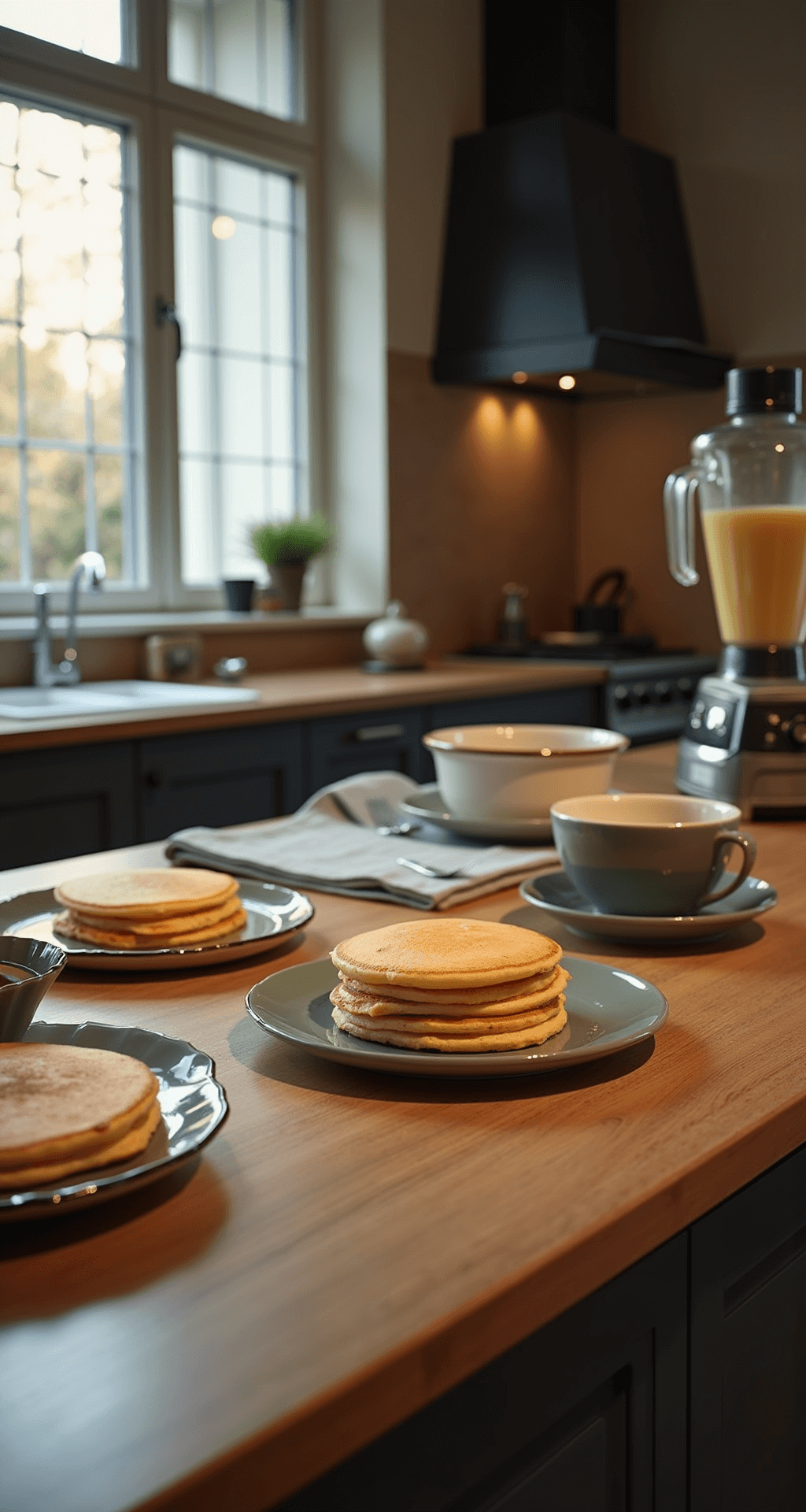 Moderne keuken met een blender gevuld met beslag, verse eieren, een rijpe banaan, amandelmelk en meetinstrumenten op een marmeren aanrecht, verlicht door zacht zonlicht.