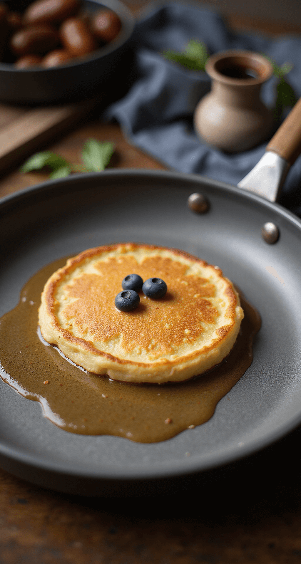 Gietijzeren pan met een perfect goudbruine pannenkoek, luchtbelletjes op het oppervlak en stoom in het ochtendlicht, met verse blauwe bessen en ahornsiroop op de achtergrond.