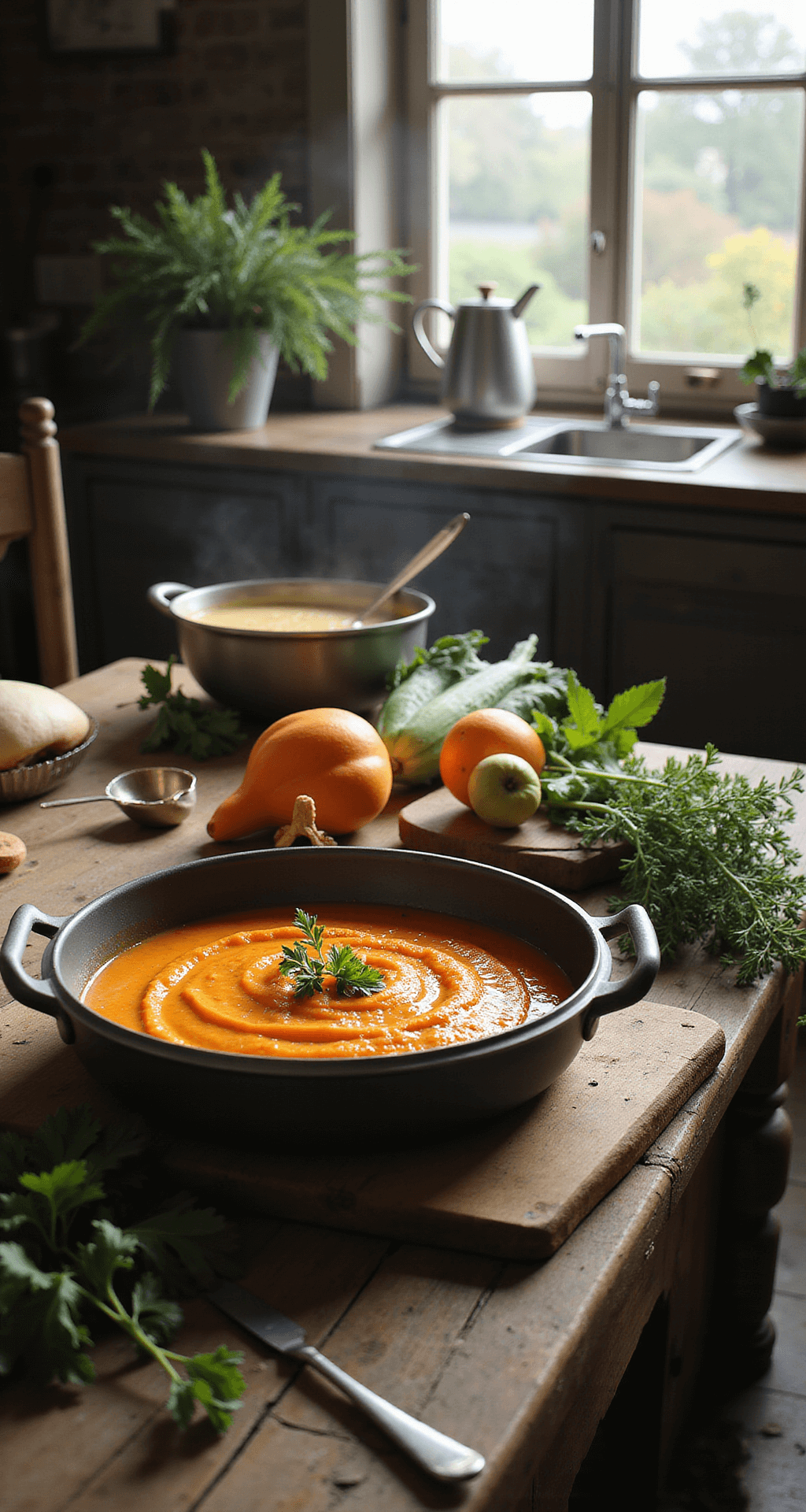 Rustieke Nederlandse keuken met kleurrijke, vers gesneden groenten op een houten snijplank, een koperen soeppan op een gasfornuis met stoom en een laurierblaadje.