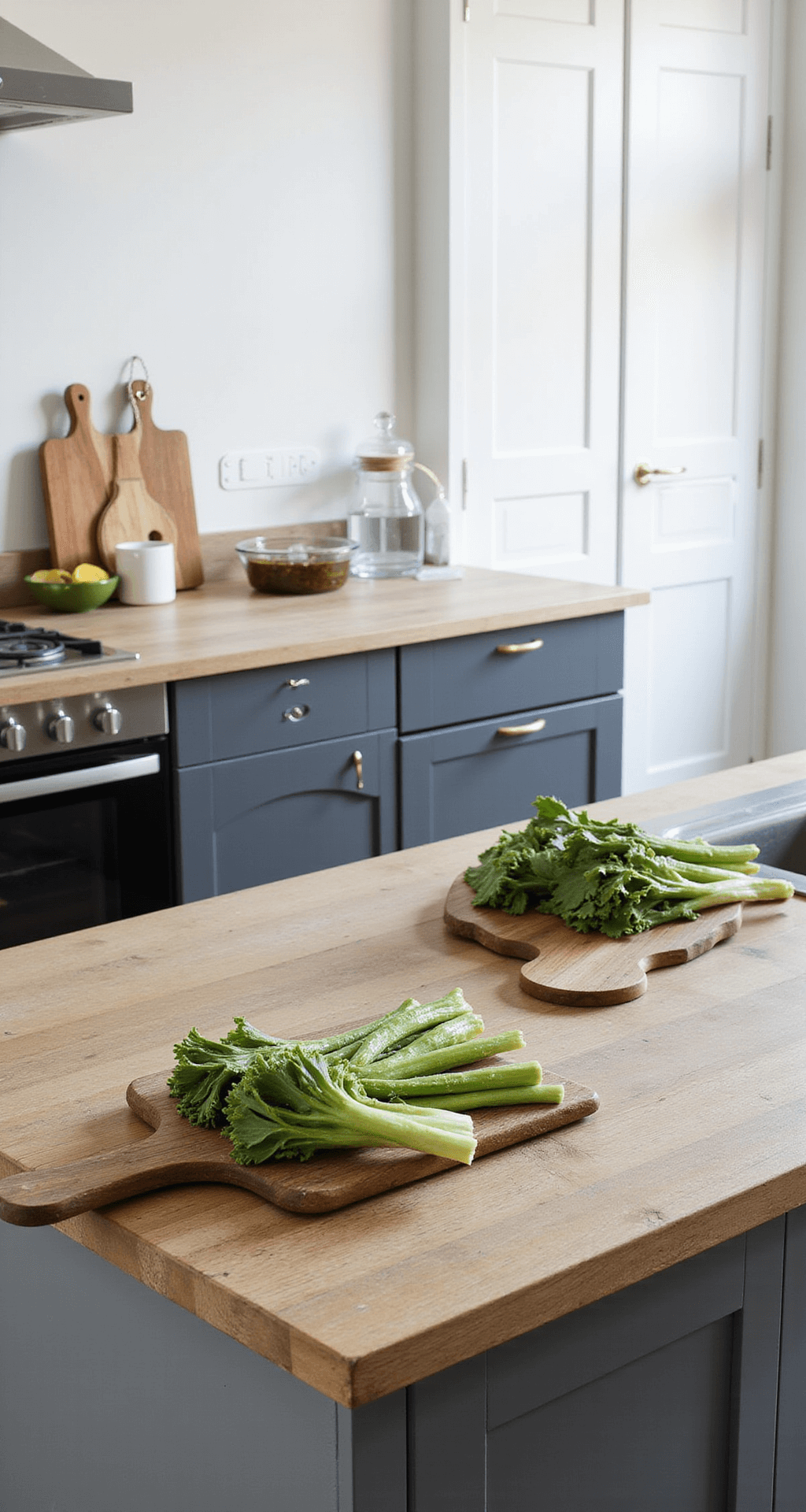 In een lichte, moderne keuken ligt een rustieke houten snijplank met heldergroene boerenkoolbladeren en een slacentrifuge ernaast, terwijl zonlicht door het raam valt en essentiële keukengerei op de achtergrond zichtbaar is.
