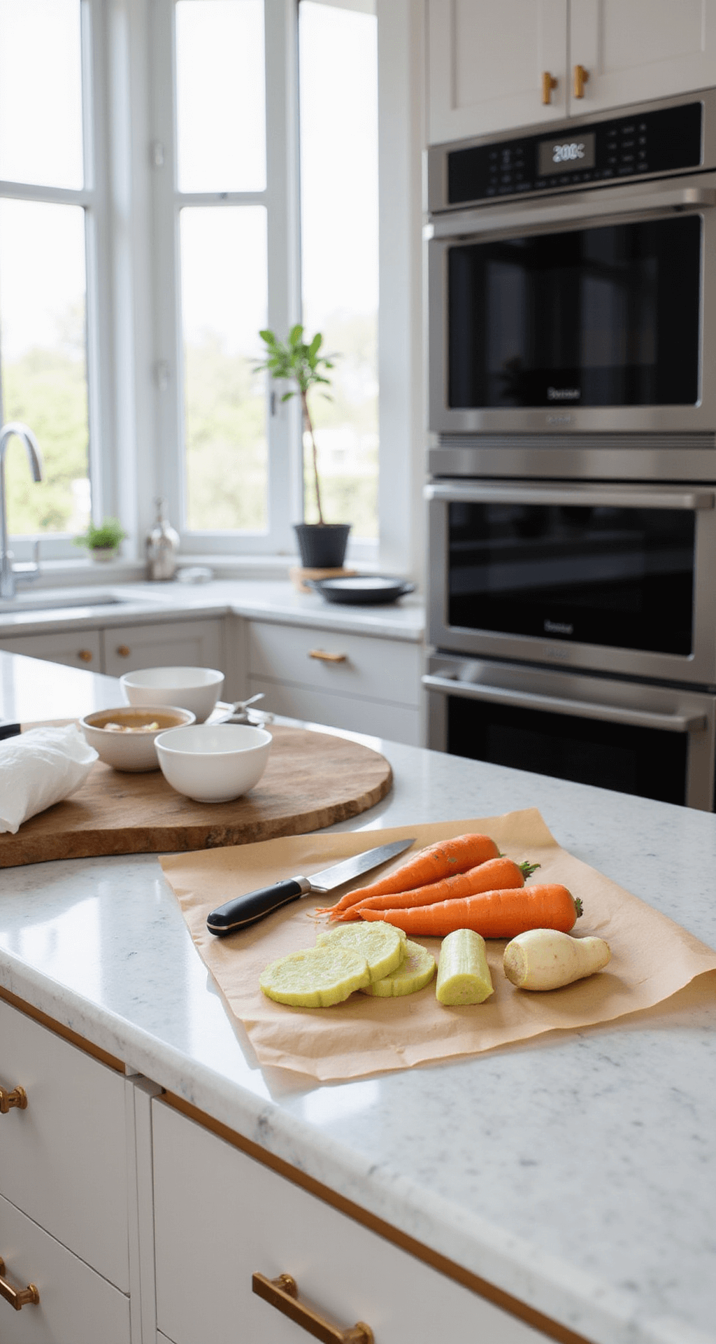 Een moderne, lichte keuken met grote ramen, een marmeren aanrecht met vers gewassen en geschild wortelgroenten (wortels, pastinaak en knolselderij), keukenhulpmiddelen zoals een scherp koksmes, houten snijplank en mengkommen. Naast hen ligt een vel bakpapier en de oven verwarmt op 200°C.