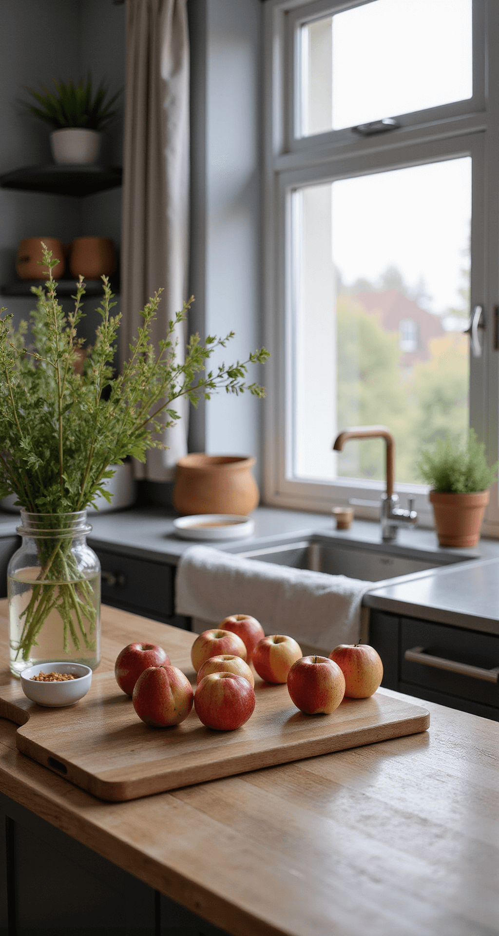 Moderne keuken met natuurlijk daglicht, waar verse rode bieten en een appel in blokjes worden gesneden op een houten snijplank, met een professioneel koksmes ernaast.