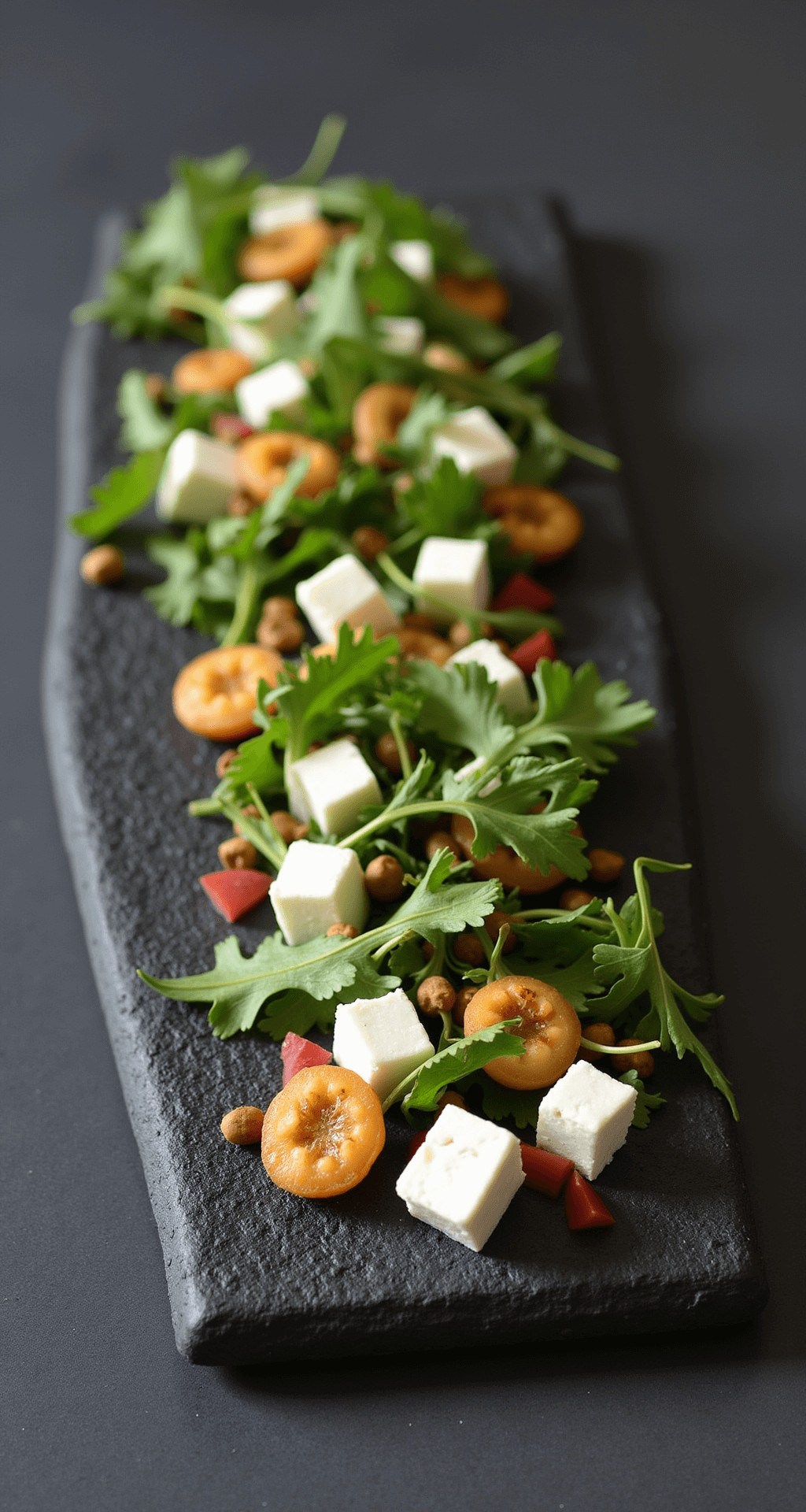 Artistiek gepresenteerde salade op een zwart keramisch bord met bietenblokjes, fetakruimels, walnoten en rucola, overgoten met balsamicodressing.