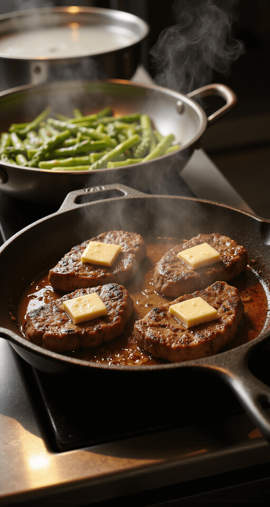 Sfeervolle bovenaanzicht van sissende steaks in een gietijzeren pan met gouden boter, omgeven door stoom en warme verlichting, naast een pan met heldergroene asperges die worden blancheren in kokend water.