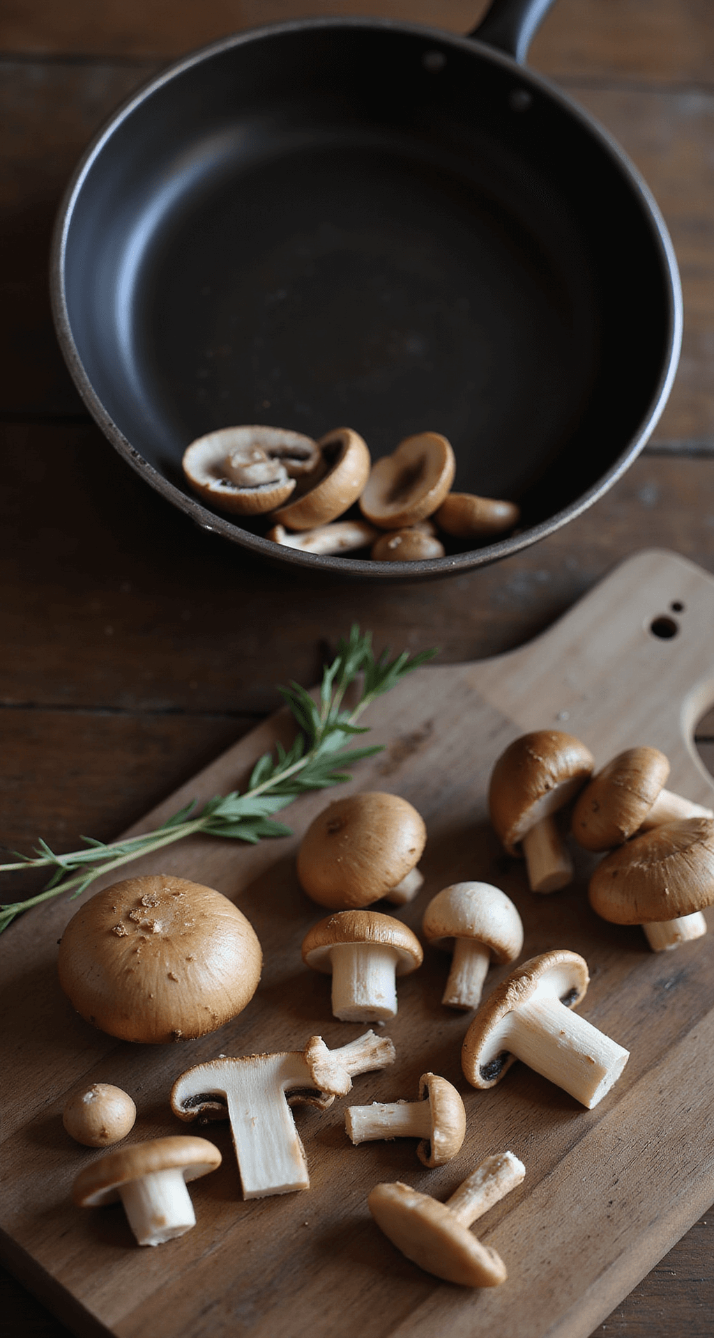Een rustieke keuken met warme herfstverlichting, waarin verse bospaddenstoelen op een houten snijplank liggen, omringd door tijm en gesneden uien, met een glanzende antieke koperen pan op de achtergrond.